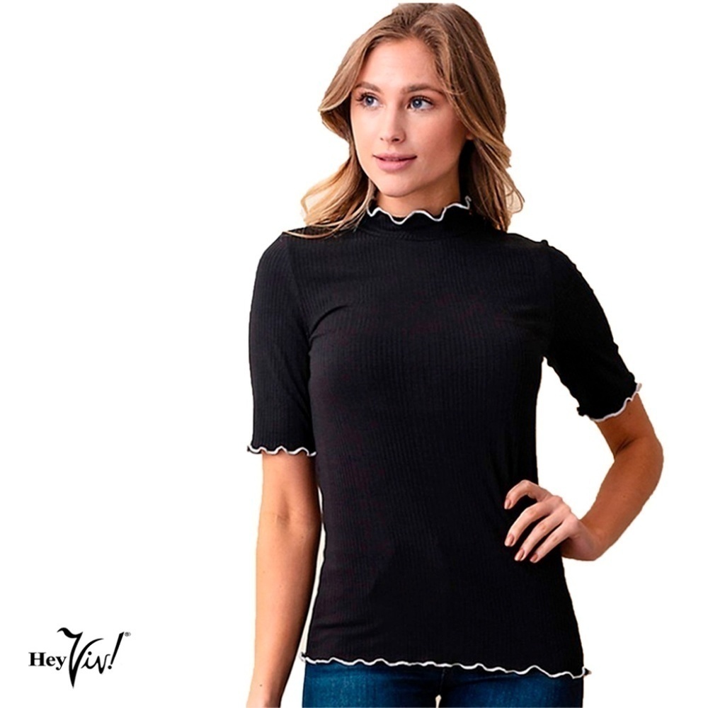 Black Ribbed Knit Top w Wavy White Contrast Trim Size Small - Hey Viv